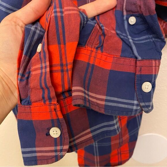 Old Navy red white Blue Striped Plaid Button Up Shirt long sleeve slim fit XL - Picture 4 of 9